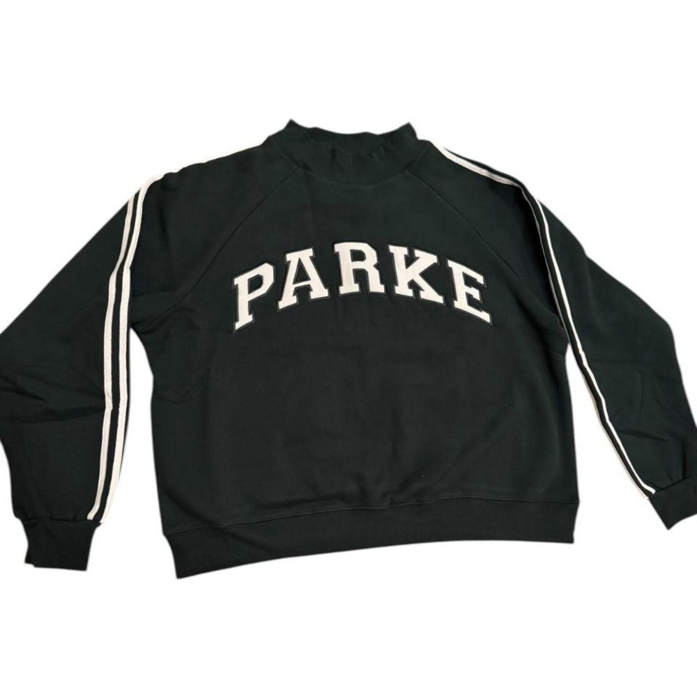 NWT Parke Sport Stripe Mockneck Forest Green Varsity Logo Sweatshirt L XL